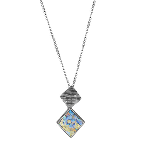 Israeli Roman Glass Double Diamond Drop Necklace 
