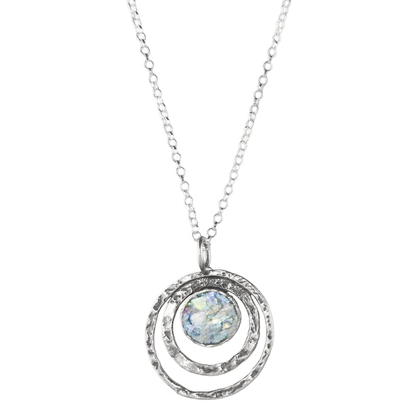 Israeli Roman Glass Double Hoop Pendant Necklace