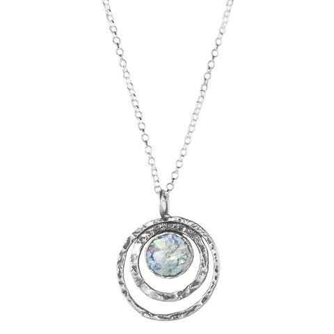 Israeli Roman Glass Double Hoop Pendant Necklace
