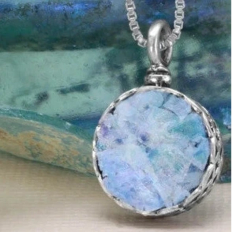 Israeli Roman Glass Iridescent Patina Pendant Necklace Another View