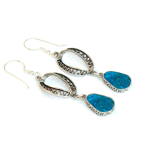 Israeli Roman Glass Mobius Pear Drop Earrings