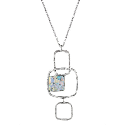 Israeli Roman Glass Sculptural Open Frames Pendant Necklace 