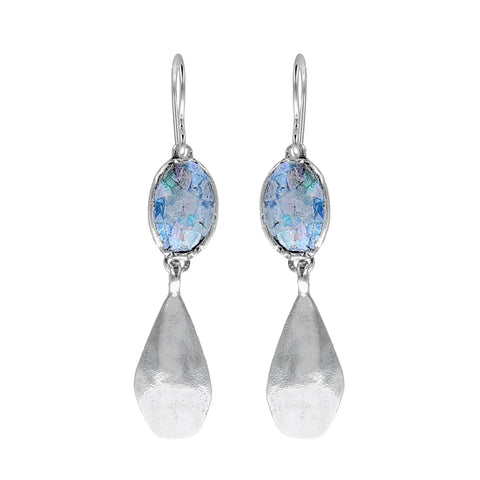 Israeli Roman Glass Sterling Drop Earrings