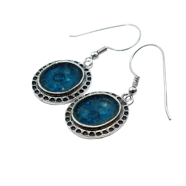 Israeli Roman Glass Sterling Silver Oval Earrings