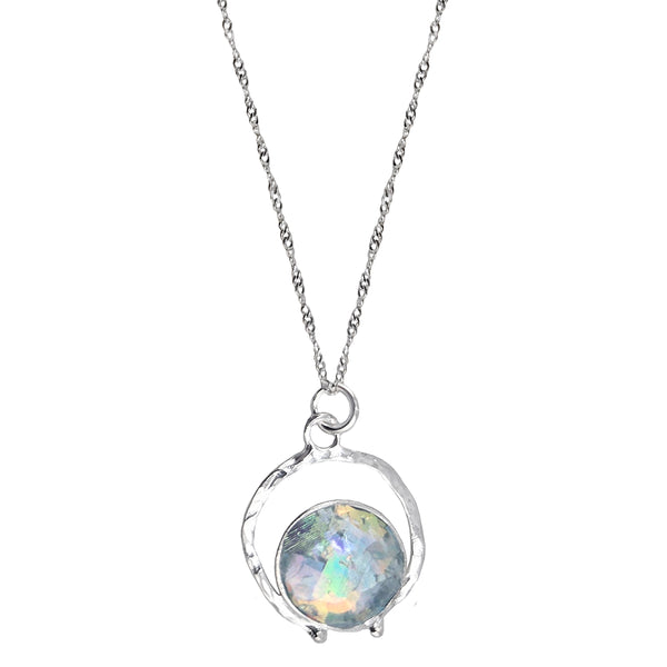 Israeli Roman Glass Suspended In Artisan Frame Pendant Necklace