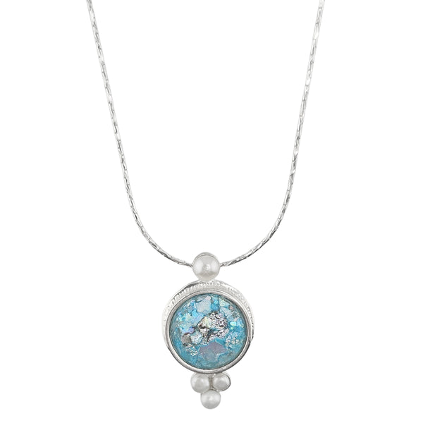 Israeli Roman Glass Triple Pearl Cluster Pendant Necklace