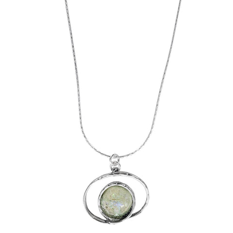  Israeli Roman Glass Willow Green Double Circle Pendant Necklace