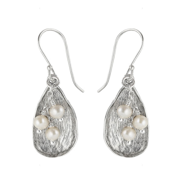 Israeli Sterling Pods Embracing Three Wrapped Pearls Earrings 