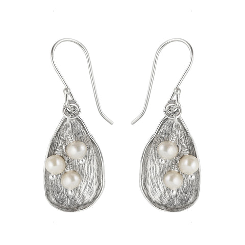 Israeli Sterling Pods Embracing Three Wrapped Pearls Earrings 