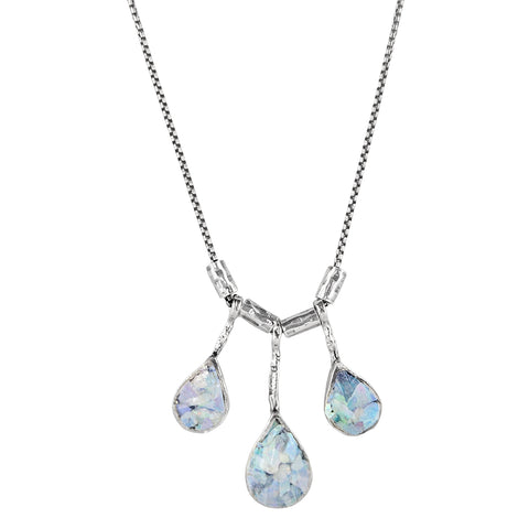 Israeli Triple Shimmering Roman Glass Teardrops Necklace