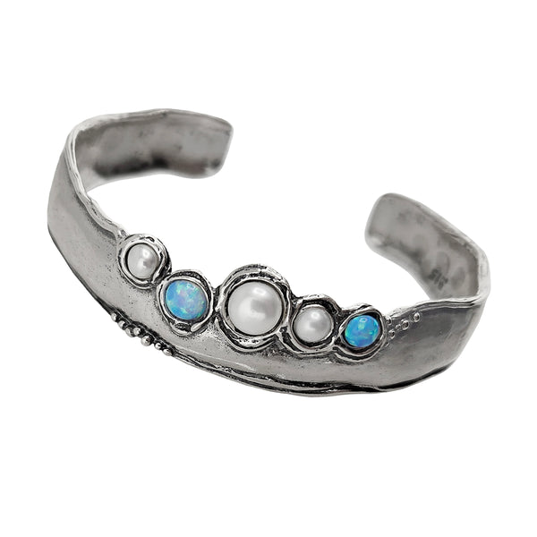 Israeli Winding Path Freshwater Pearl Opal Cuff Bracelet