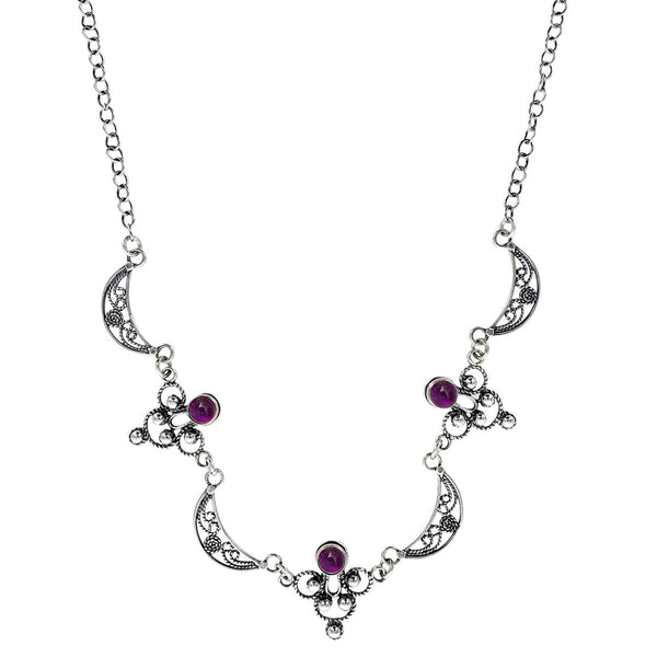 Israeli Yemenite Filigree Crescent Amethyst Necklace