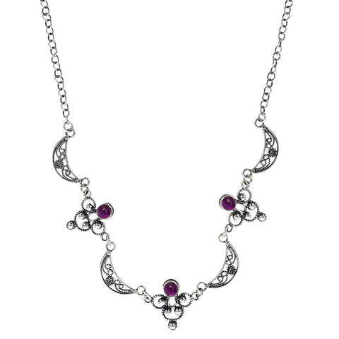 Israeli Yemenite Filigree Crescent Amethyst Necklace