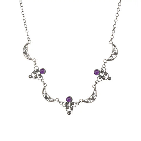 Israeli Yemenite Filigree Crescent Amethyst Necklace 