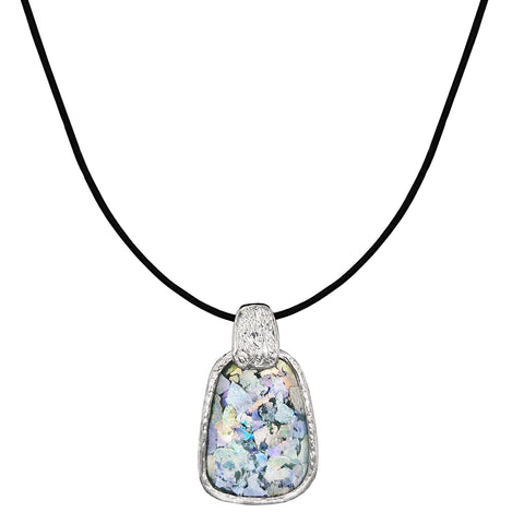 Israeli iridescent Roman Glass Leather Drop Necklace