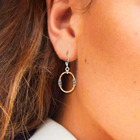 J & I Hammered Oval Wire Wrap Hoop Earrings On