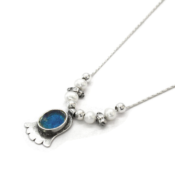 Roman Glass Sterling Silver Hamsa Necklace with Pearls – Sheva