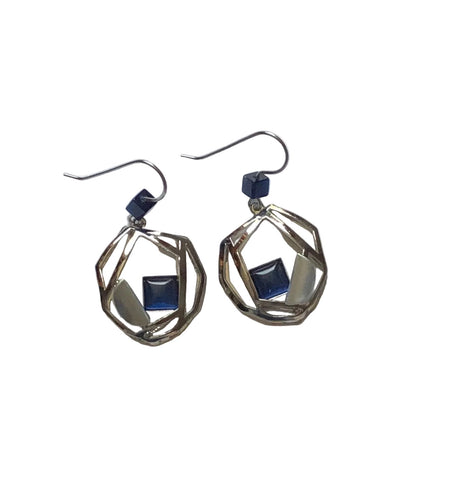 Christophe Poly Silver Web With Rich Blue Squares Earrings Another View