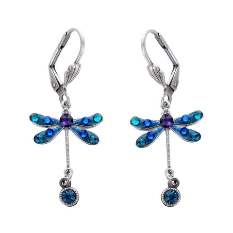 Blue Purple Crystal Dragonfly Drop Earrings