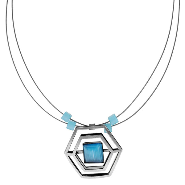 Christophe Poly Double Hexagon Blue Pendant Necklace