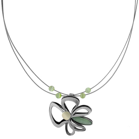 Christophe Poly Silver Green Flower Blossom Necklace