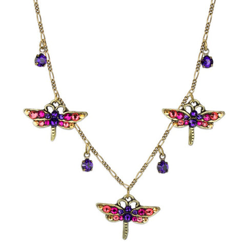 Three Dragonfly Purple Pink Crystals Necklace