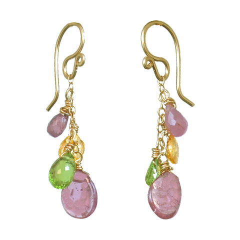 Gold Citrine Peridot Pink Tourmaline Gemstone Earrings
