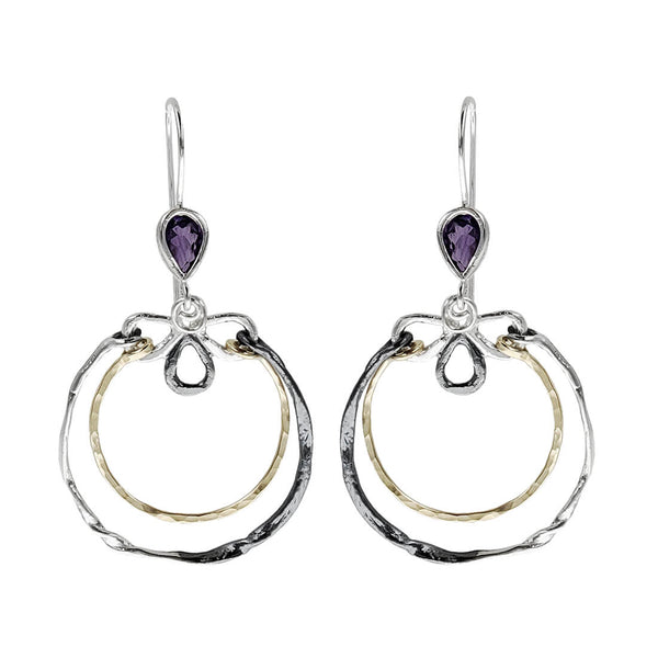  Israeli Dganit Hen Amethyst Gold Silver Open Swing Hoop Earring