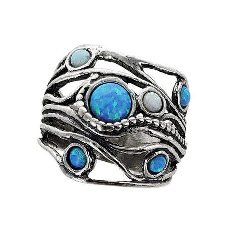 Israeli Beaded Trail Of Opals Sterling Band Ring