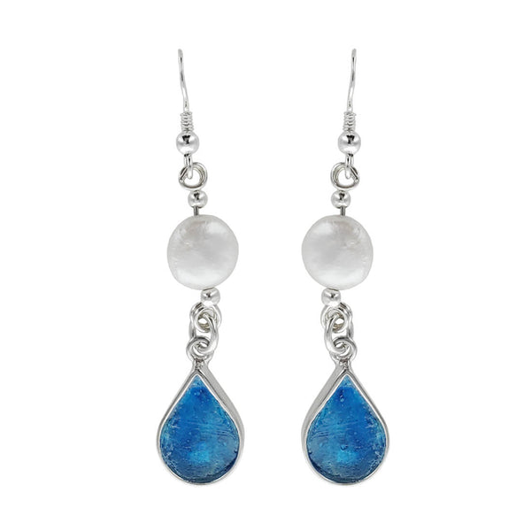 Israeli Blue Roman Glass Pearl Drop Earrings