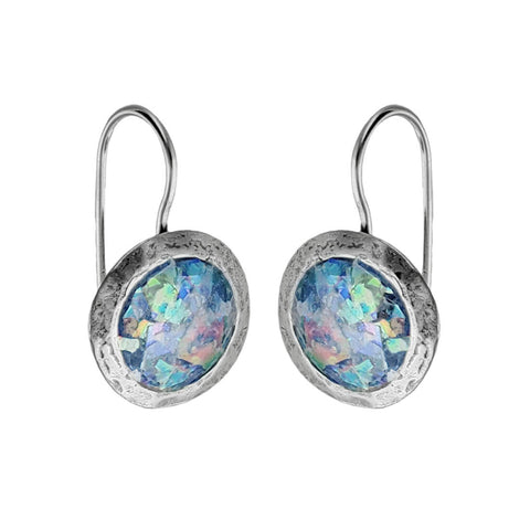 Israeli Circular Framed Blue Roman Glass Earrings Another View