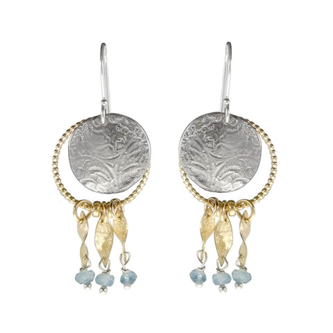 Israeli Gold Silver Etched Blue Topaz Dangle Earring
