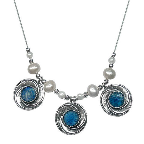 Israeli Roman Glass Pearl Triple Pirouette Necklace