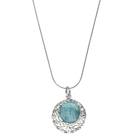 Israeli Roman Glass Silver Filigree Pendant Necklace