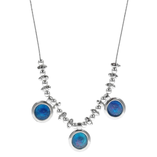 Israeli Roman Glass Triple Pools Of Blue Necklace