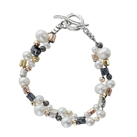 Israeli Strands Of Pearls Gold And Silver Bracelet