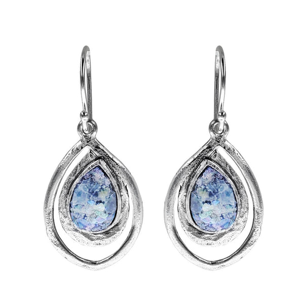  Israeli Teardrop Reflection Blue Roman Glass Earrings
