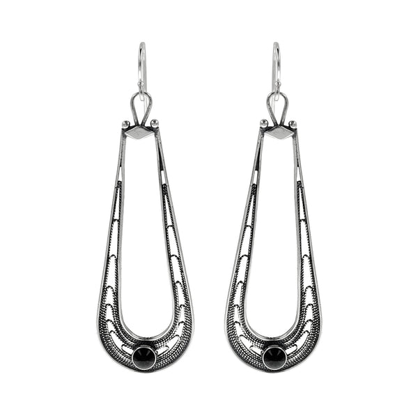  Israeli Yemenite Filigree Black Onyx Open Teardrop Hoop Earrings