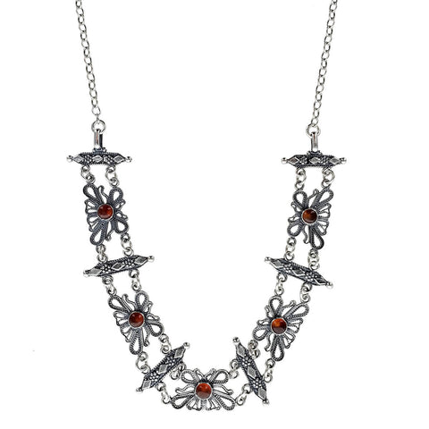 Israeli Yemenite Filigree Carnelian Flower Link Necklace Another View