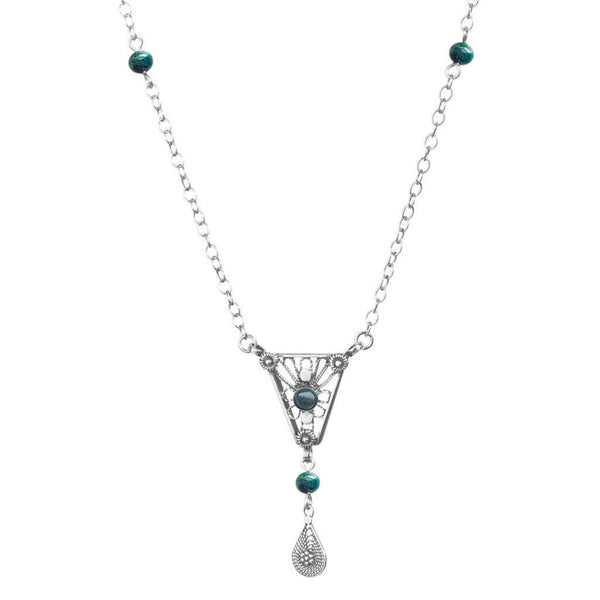 Israeli Yemenite Filigree Sunburst Eilat Stone Drop Necklace