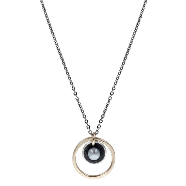 J & I Cupped Pearl Open Hoop Necklace