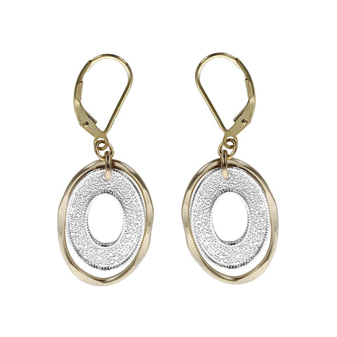 J & I Gold Framed Shimmering Silver Oval Earrings