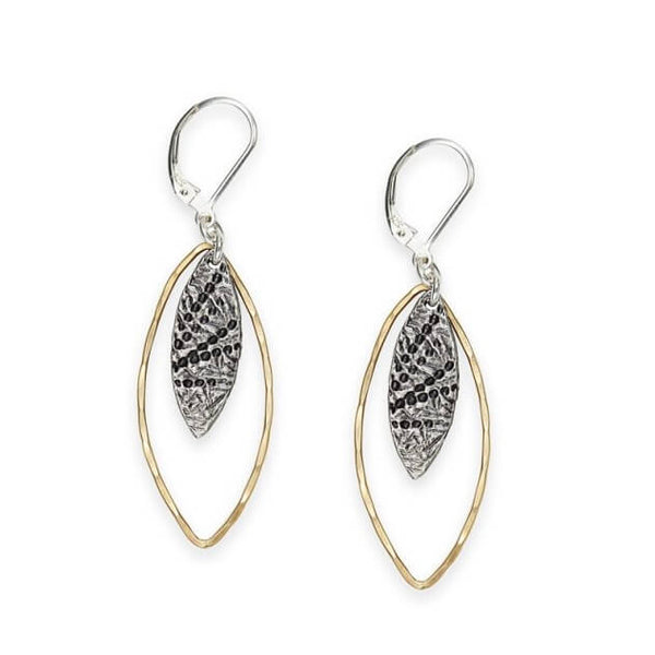 J & I Gold and Silver Textured Marquise Shape Earrings