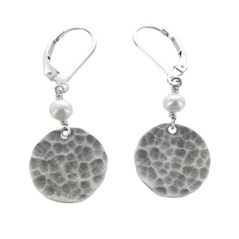 J and I Hammered Disc Pearl Drop Earrings