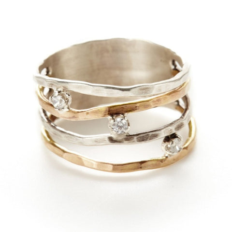 J&I Hammered Sterling Gold Bands Ring With CZ Side View