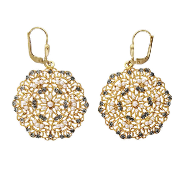  La Vie Parisienne Snowflake Filigree Pearl Crystal Earrings