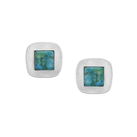 Marjorie Baer Small Silver Rounded Squares Turquoise Clip Earrings