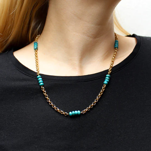 Marjorie Baer Turquoise Beads On Golden Links Necklace On Neck