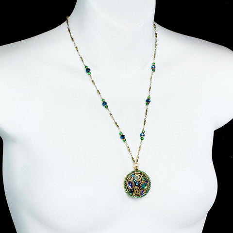 Michal Golan Emerald  Crystal Medallion Necklace Shown On Mannequin.