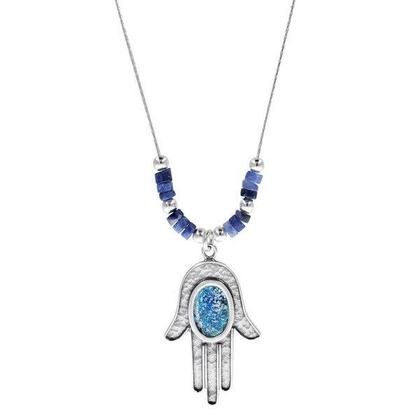 Israeli Roman Glass Blue Lapis Hamsa Necklace